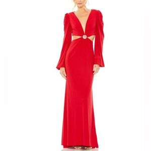NWT Ieena for Mac Duggal Red Long Sleeve V-neck Cutout Gown Size 2